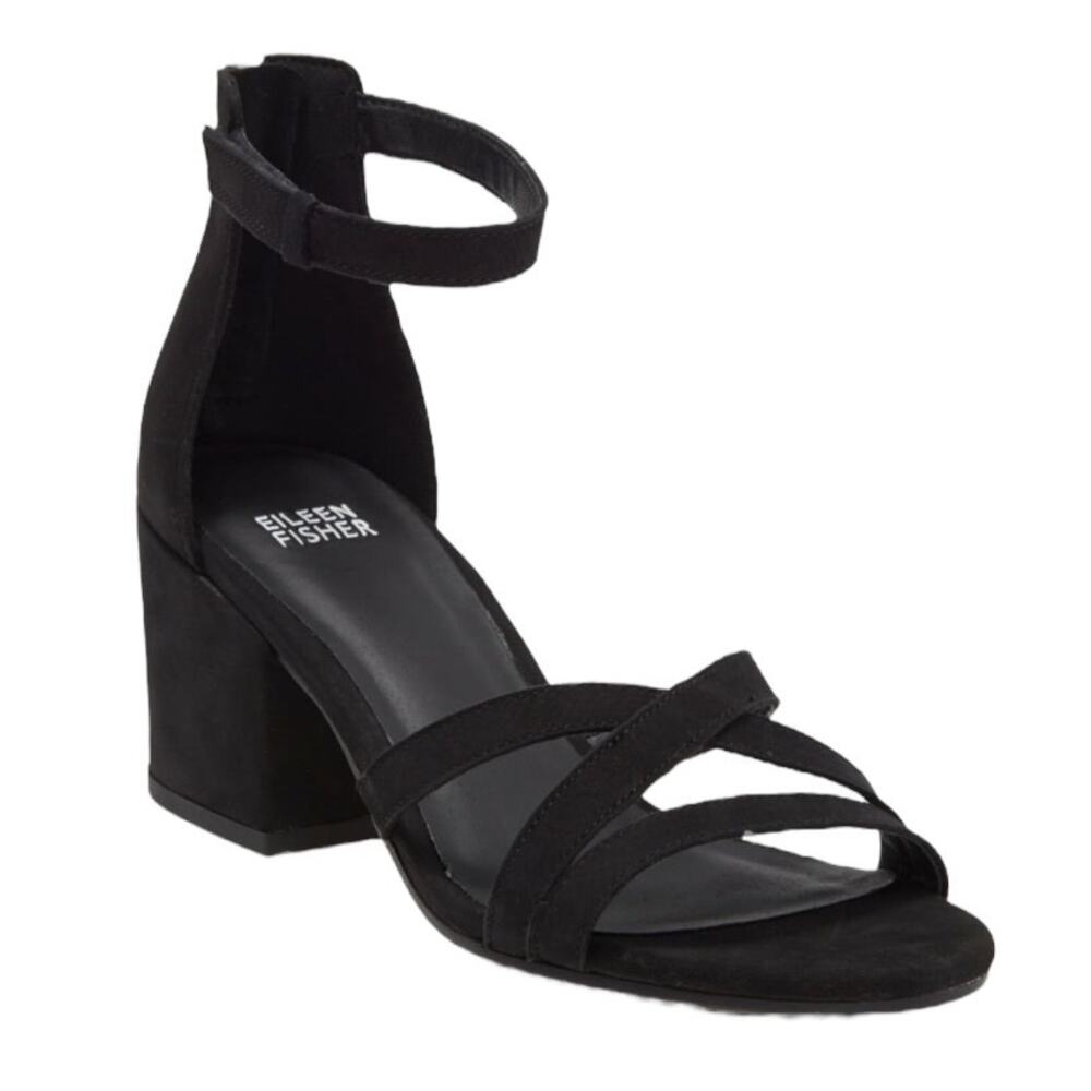 Eileen Fisher NWOB Jazzy Block Heel Sandal Size 9.5 Black Suede Open Toe Nubuck